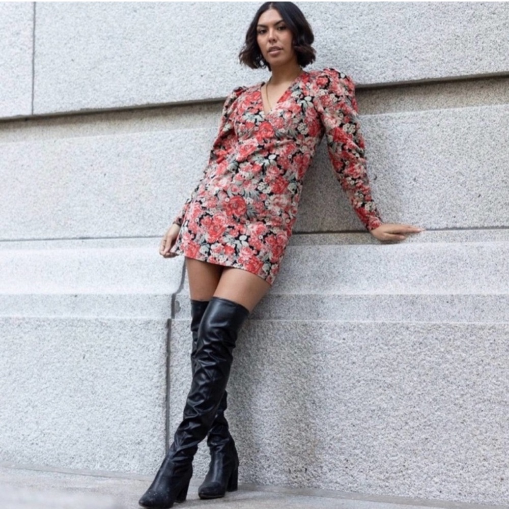 FREE PEOPLE Kapowski Floral Corduroy Boho Puff Sleeve Indie Sleaze Mini Dress 8